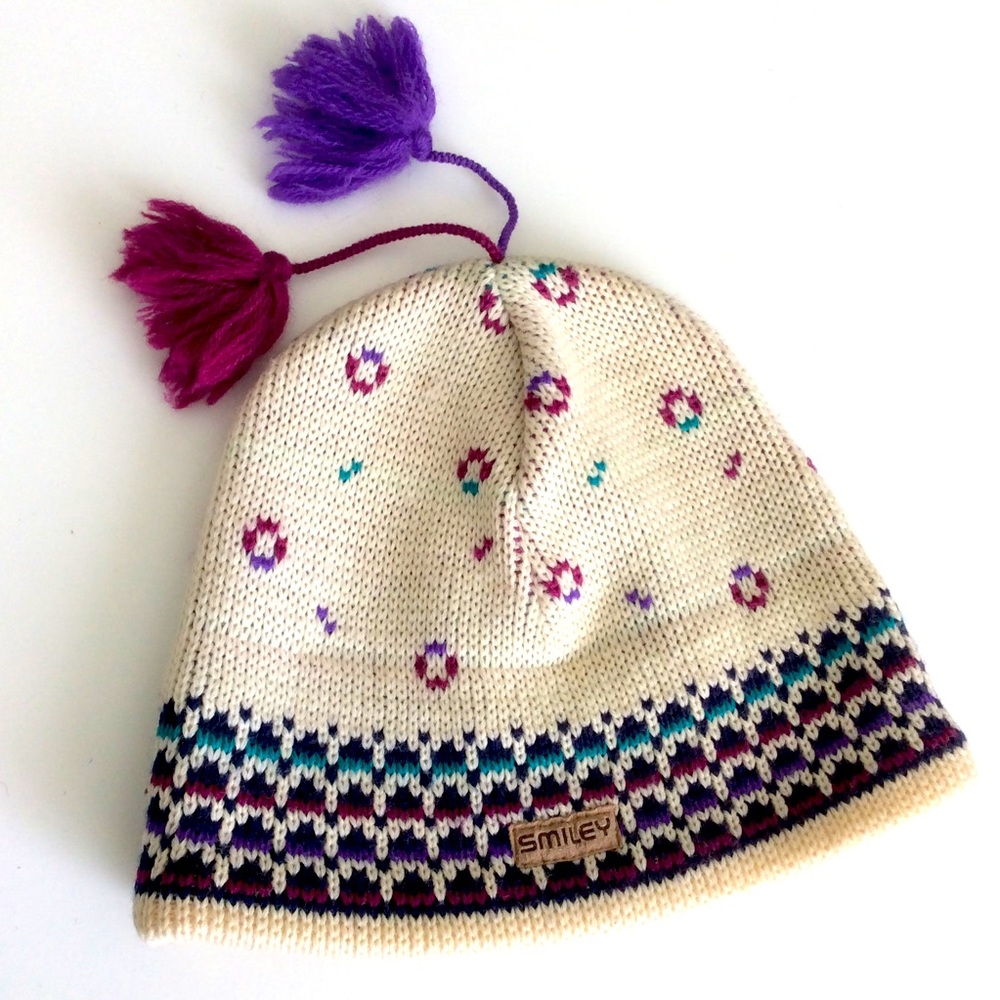 Vintage Smiley 100% Wool Pompom Ski Hat OS Ski Hiking Trail Activewear